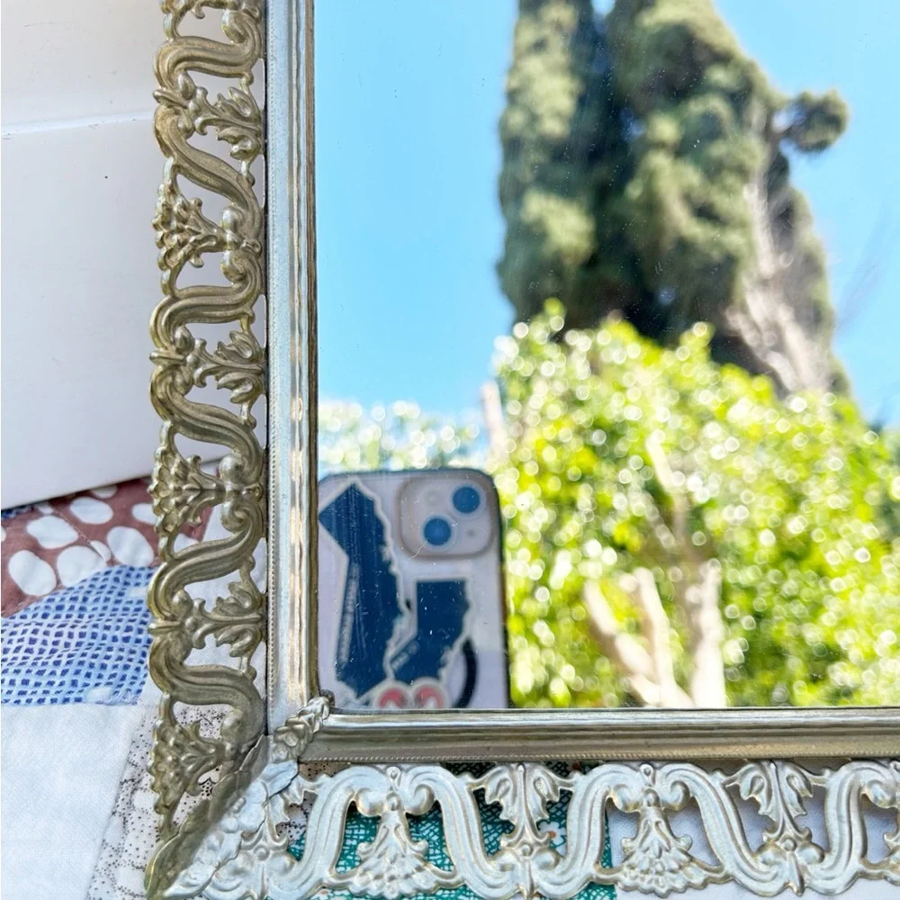 Vintage Hollywood Regency Mirror Dresser Vanity Tray Brass Filigree Decor